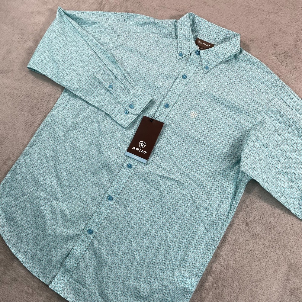ARIAT Kenny Cavsmu Shirt Men Medium Maui Blue Geometric AOP Long Sleeve NWT